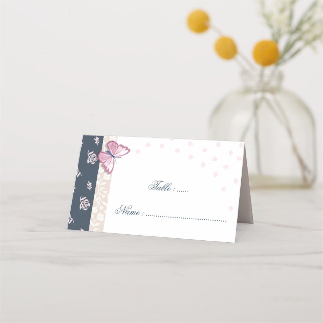 Placement Carte de lieu romantique Marine & papillons roses  (Devant)