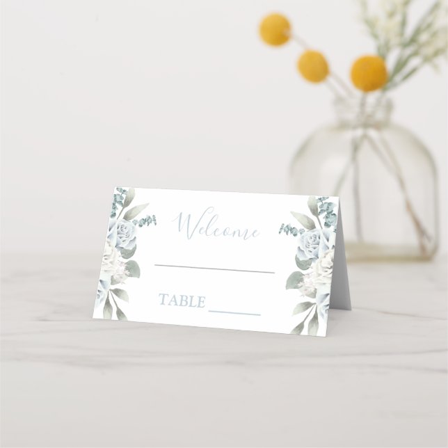 Placement Carte de mariage à fleurs bleu Dusty (Devant)