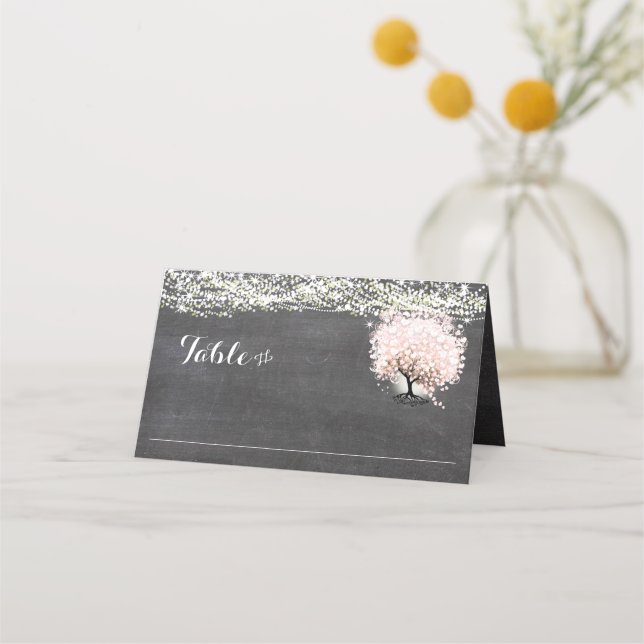 Placement Carte de Mariage Chalkboard Pink Heart Leaf Tree (Devant)