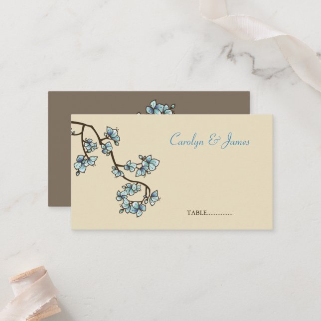 Placement Carte de Mariage chinois de fleurs de pêche bleue (Devant/Arrière en situation)