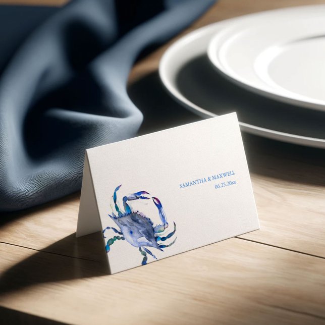 Placement Carte de Mariage de la côte de crabe bleu aquarell (Crab place cards in shades of blue watercolor art by Victoria Grigaliunas Do Tell A Belle)