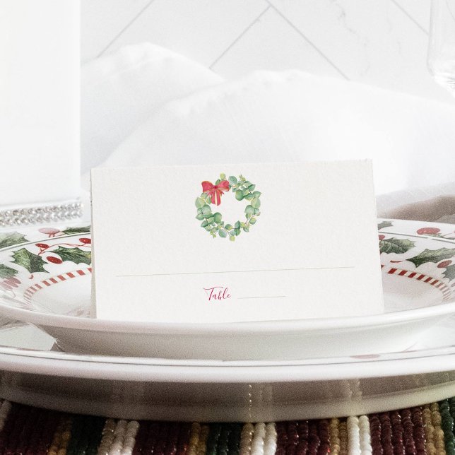 Placement Carte de Mariage de Noël, carte d'escorte (Christmas place cards watercolor wreath with red bow in a holiday scene)