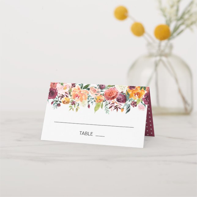 Placement Carte de Mariage Floral Bourgogne d'automne (Devant)