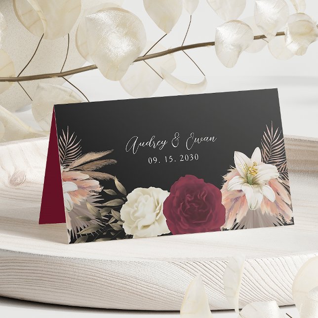 Placement Carte de Mariage Floral Noir Bourgogne (Créateur téléchargé)