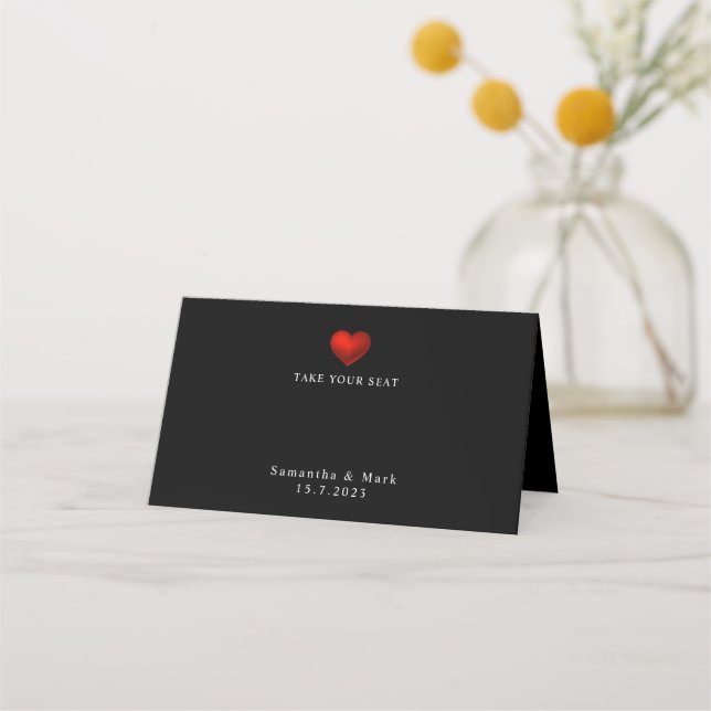 Placement Carte de Mariage Noir au coeur rouge simple (Devant)