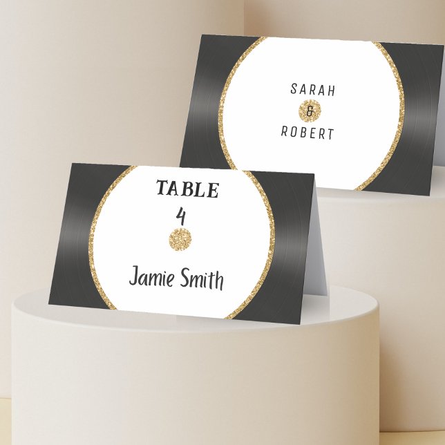 Placement Carte de Mariage Retro Gold Parties scintillant Vi (Retro Gold Glitter Vinyl Record Wedding Place Card
)