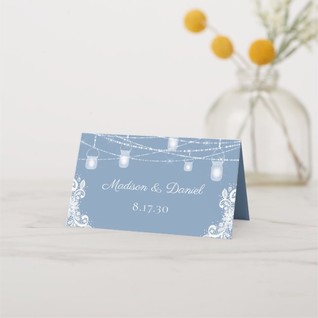 Placement Carte de Mariage Rustique Dusty Blue Lights (Dos)