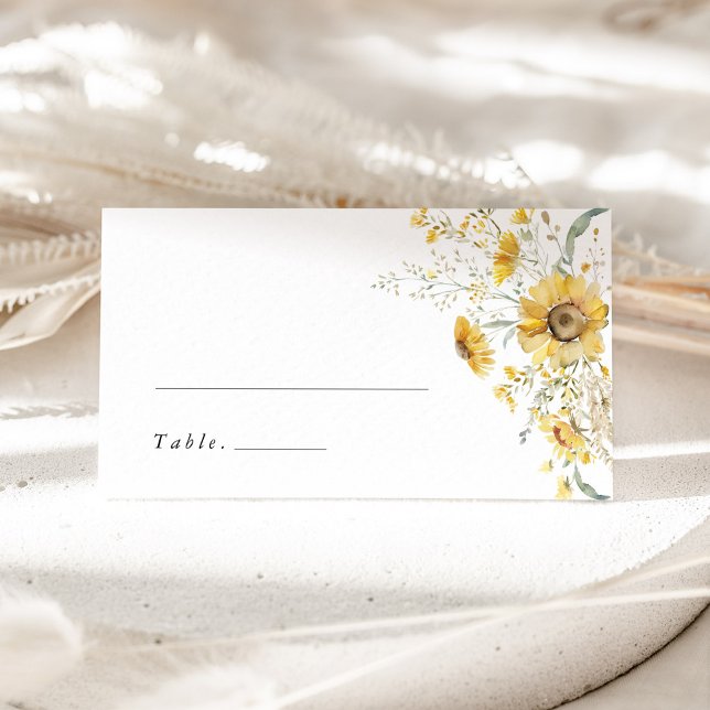 Placement Carte de mariage Tournesol Fleur jaune sauvage (yellow wildflower sunflower wedding place card garden escort card watercolor floral name card)