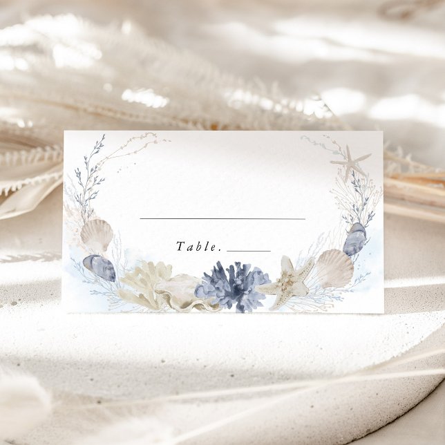 Placement Carte de nom de mariage de plage bleue côtière (Coastal Blue Seashell Wedding Place Card Beach Wedding Decor Destination Wedding Escort Name Card)