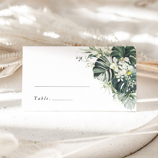 Placement Carte de nom de mariage tropicale Monstera vert sa (Tropical monstera place card, sage green wedding escort card, destination beach reception decor)