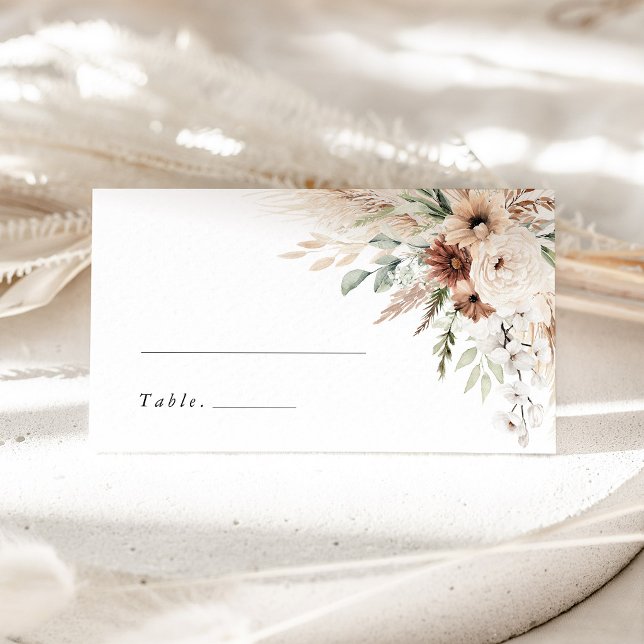 Placement Carte de nom de table de mariage floral avec herbe (Boho Pampas Grass Floral Wedding Place Card, Escort Card, Neutral Sage Green Terracotta Name Card)