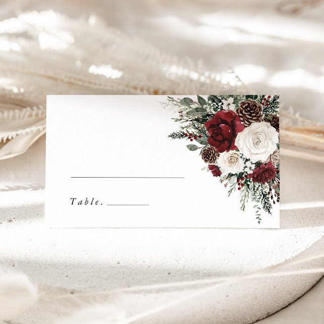 Placement Carte de nom de table de mariage florale d'hiver d (burgundy floral winter wedding place card, elegant holiday escort card reception table decor)