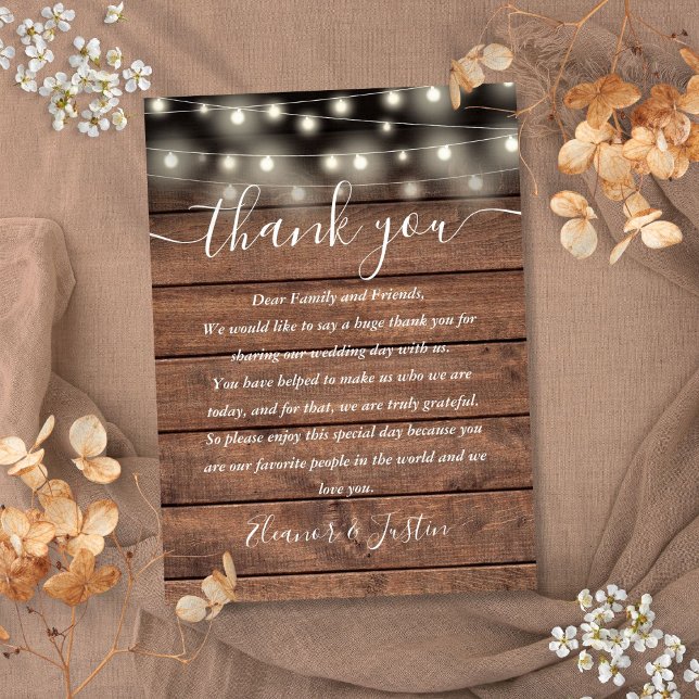 Placement Carte de place du Mariage Rustique (Rustic String Lights Wedding Thank You Place Card)