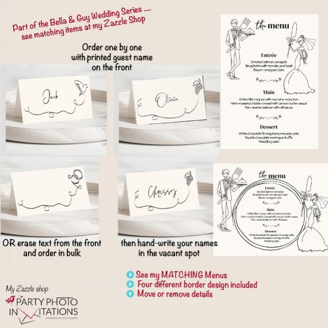 Placement carte de place mariage dessinée à la main (Bella & Guy hand drawn menu place cards)