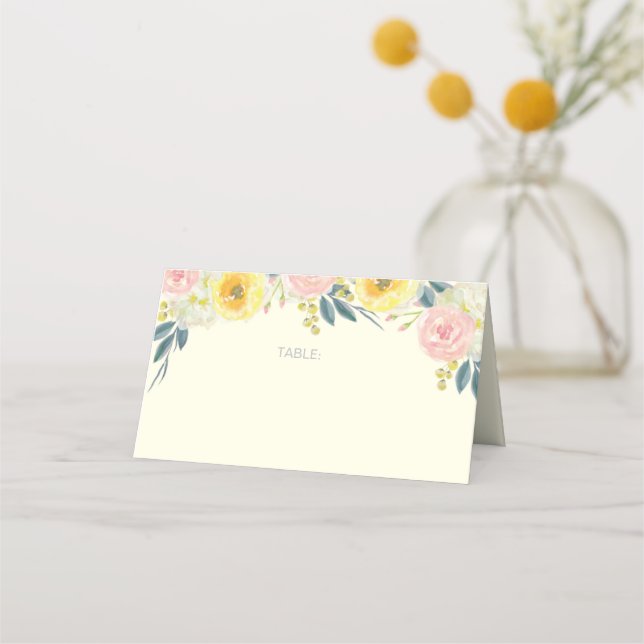 Placement Carte de place pliée de Mariage floral jaune (Devant)