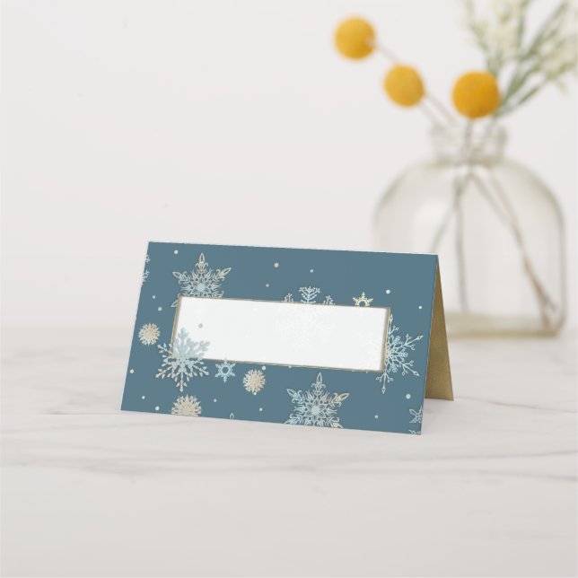 Placement Carte de place pliée Mariage Blue and Gold Snowfla (Devant)