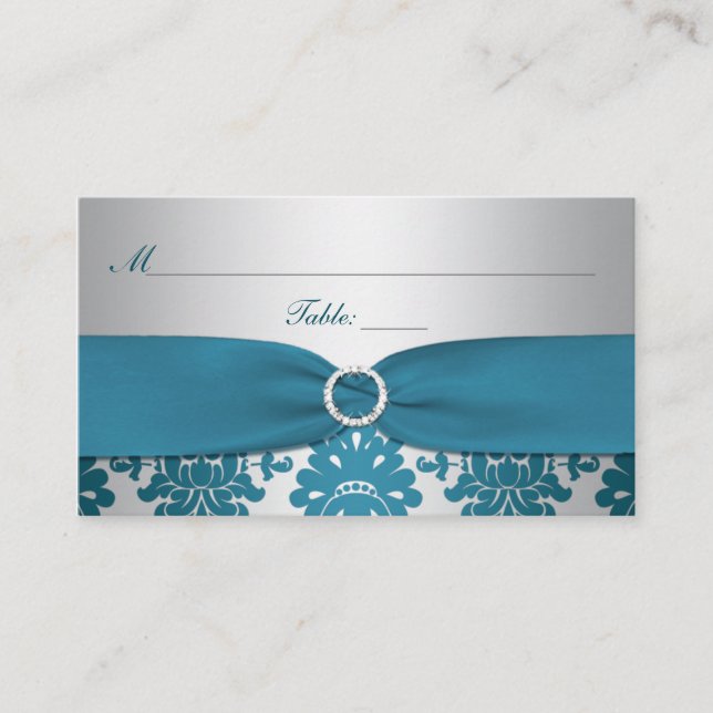 Placement Carte de place Turquoise Damask RIBBON en argent (Devant)