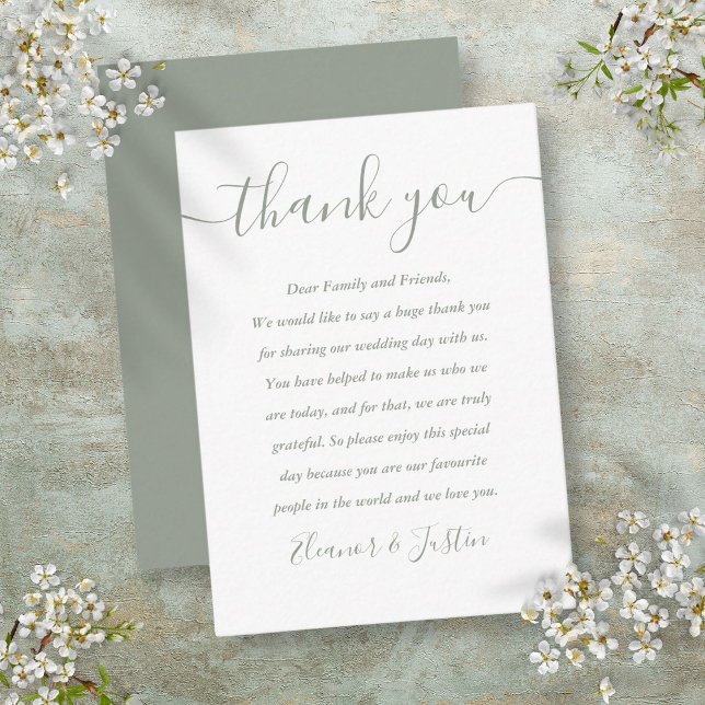 Placement Carte de remerciement de mariage à écriture vert s (Sage Green Script Wedding Thank You Place Card)