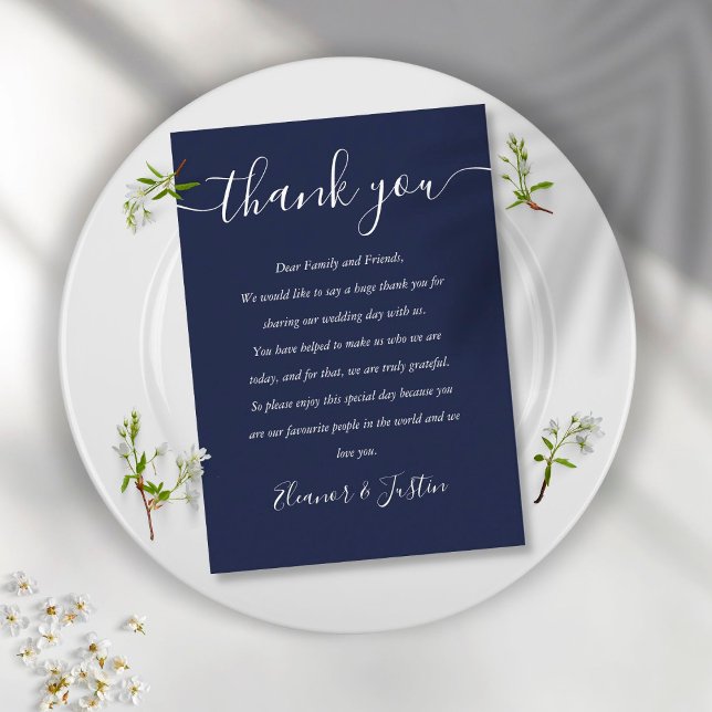 Placement Carte de remerciement de mariage Navy Blue Script (Créateur téléchargé)