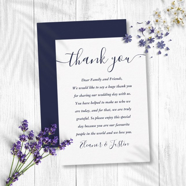 Placement Carte de remerciement de mariage Navy Blue Script (Navy Blue Script Wedding Thank You Place Card)