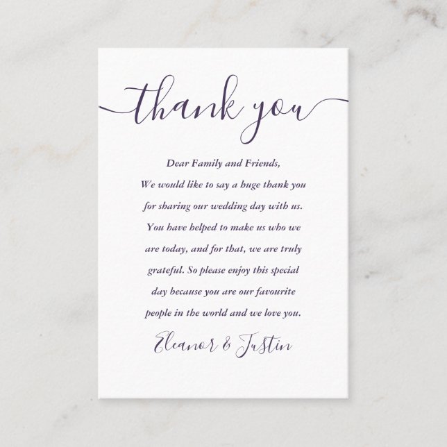 Placement Carte de remerciement de mariage Purple Script (Devant)