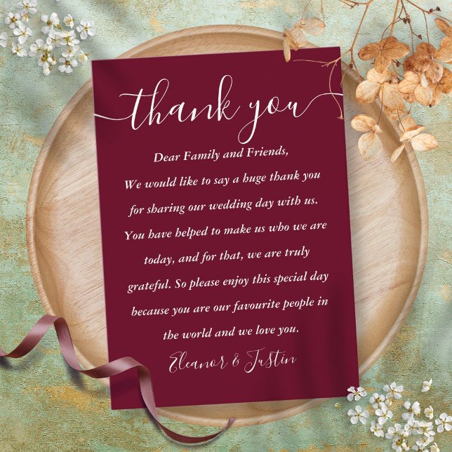 Placement Carte de remerciement de réception de mariage en B (Burgundy Wedding Reception Thank You Place Card)