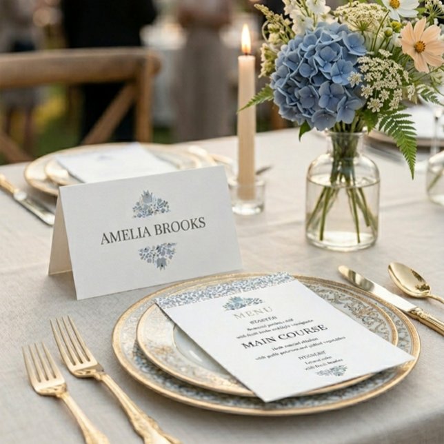 Placement Carte de Repas de Mariage Fleurie Bleu Poussiéreux (Créateur téléchargé)