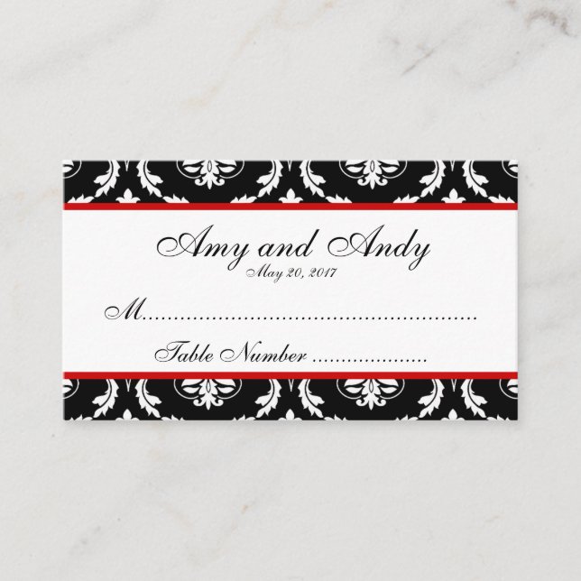 Placement Carte de siège Mariage damassé rouge, noir (Devant)