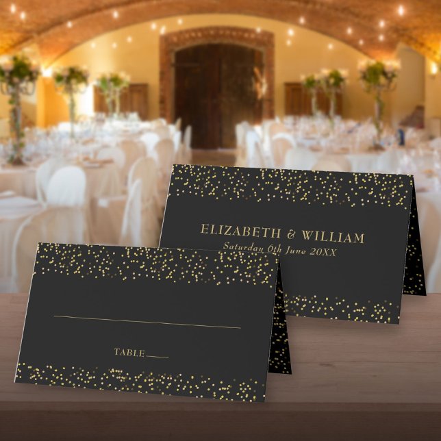 Placement Carte de table chic poussière d'or noir Confetti M (Chic Black Gold Dust Confetti Wedding Place Card)