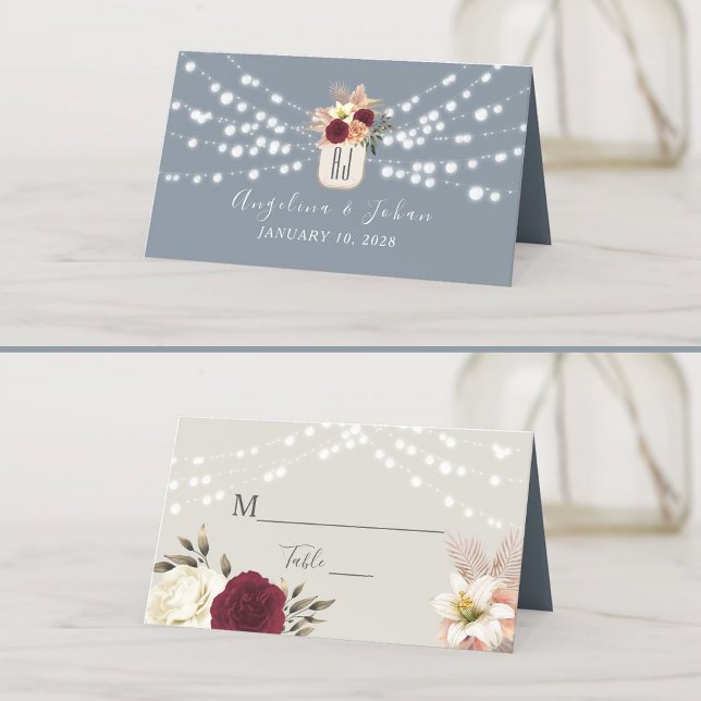 Placement Carte de Table de Mariage Bleu Poussiéreux Rustiqu (Créateur téléchargé)