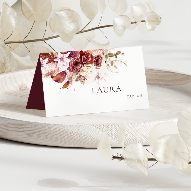 Placement Carte de table de mariage Boho – Bourgogne et rose (Créateur téléchargé)
