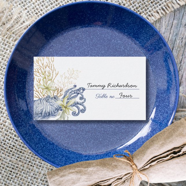 Placement Carte de table de mariage côtier bleu et or (Coastal Wedding Blue & Gold Place Card)
