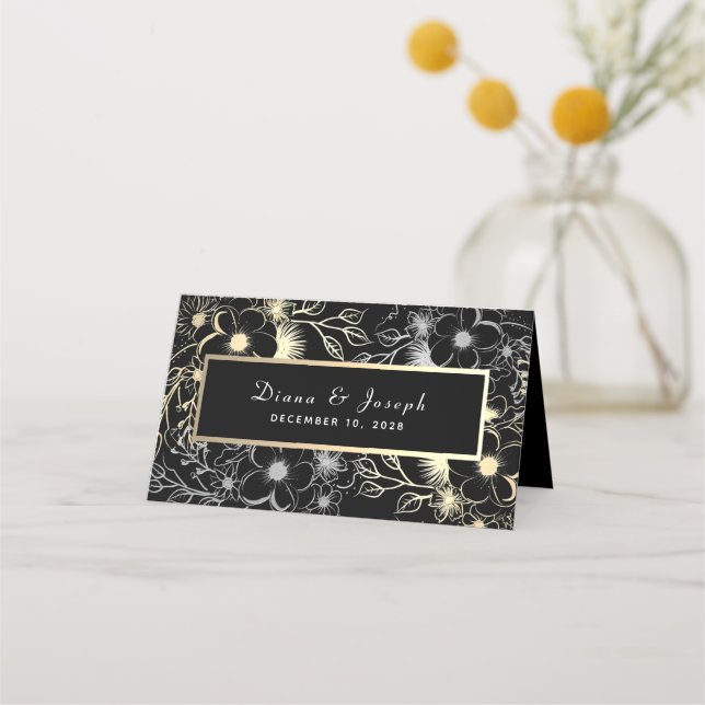 Placement Carte de table de mariage élégante en or noir (Dos)