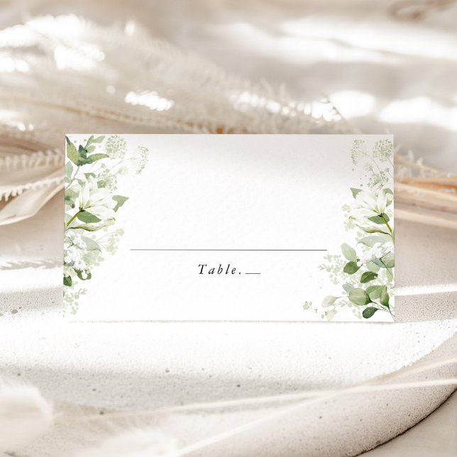 Placement Carte de table de mariage en verdure biologique ve (Organic greenery wedding place card with sage green botanical wild meadow florals for garden wedding)