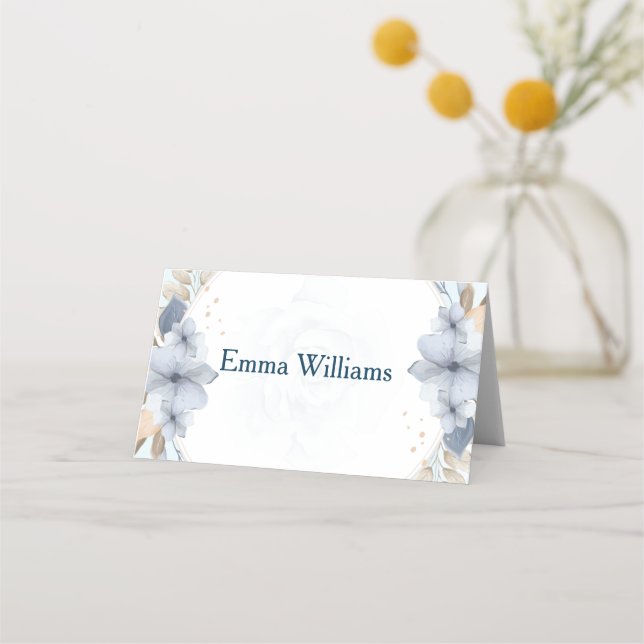 Placement Carte de Table de Mariage Fleurie Bleue Élégante (Devant)