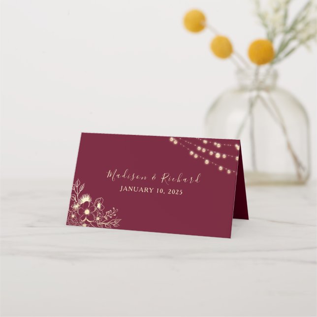 Placement Carte de table de mariage florale or Bourgogne (Dos)