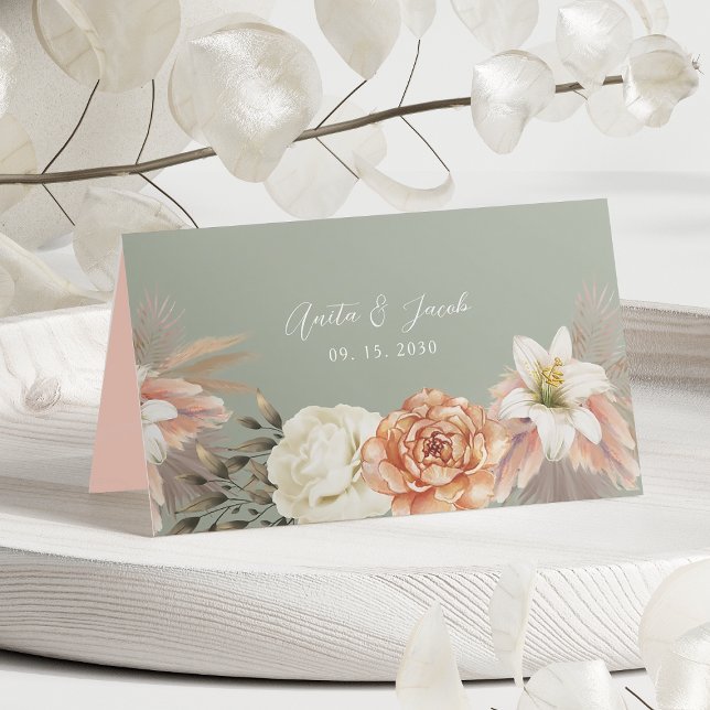 Placement Carte de table de mariage florale pêche vert sauge (Créateur téléchargé)