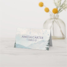 Carte de table de mariage hivernal de montagne bru