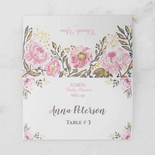 Placement Carte de table Fleur Rose Gold pour Baby Shower (Extérieur déplié)