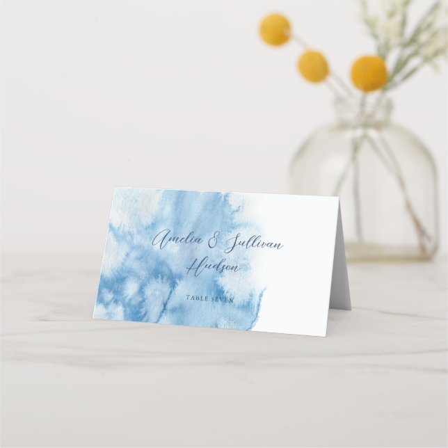 Placement Carte de Table Mariage Hivernal à l'Aquarelle Bleu (Devant)