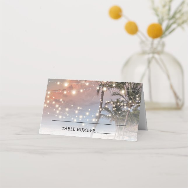 Placement Carte de Table Mariage Lumières de Plage Tropicale (Devant)