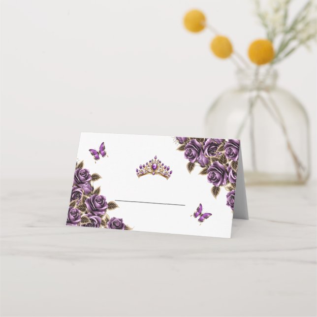 Placement Carte de table papillon Roses Dorées Violettes (Devant)