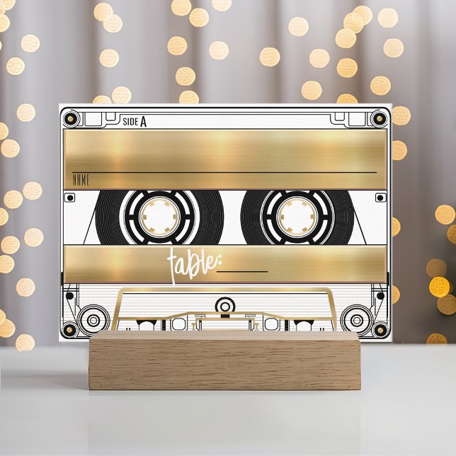 Placement Carte de table plate ruban cassette or rétro pour  (Retro cassette tape gold black vinyl record music theme flat wedding 50th birthday table place card)