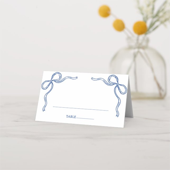 Placement Carte de Table Pliée Mariage Fantaisie Bleu Ruban (Devant)