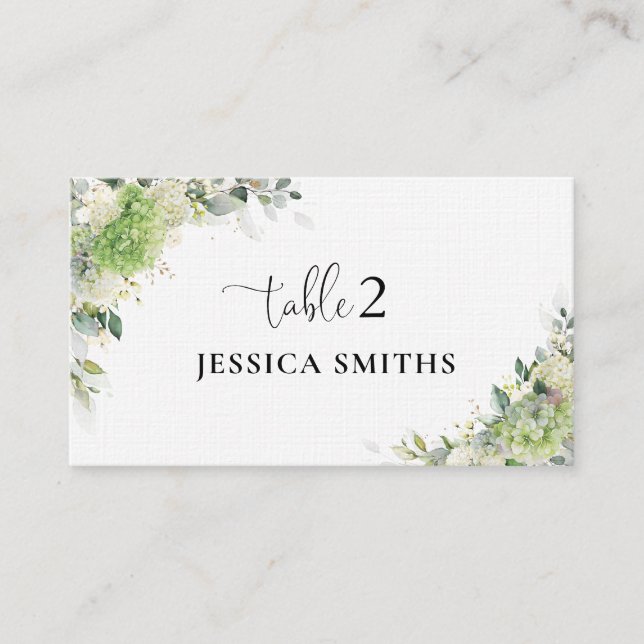 Placement Carte de Table Pliée Mariage Hortensias Verts (Devant)