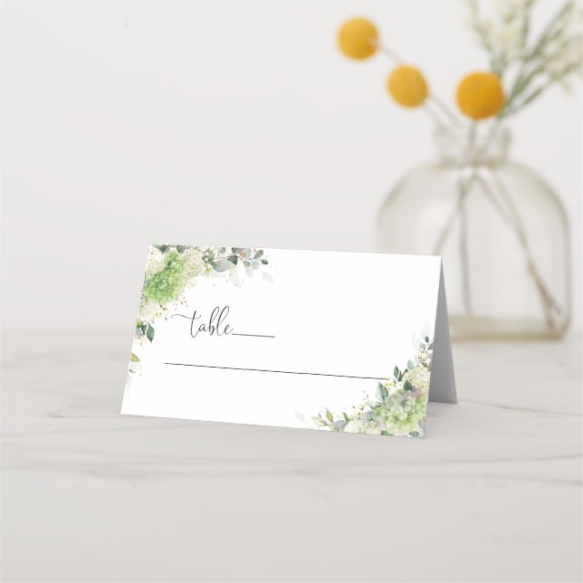 Placement Carte de Table Pliée Mariage Hortensias Verts (Devant)