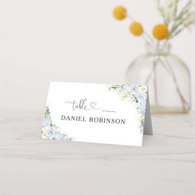 Placement Carte de table pliée pour mariage bleu poussiéreux (Devant)
