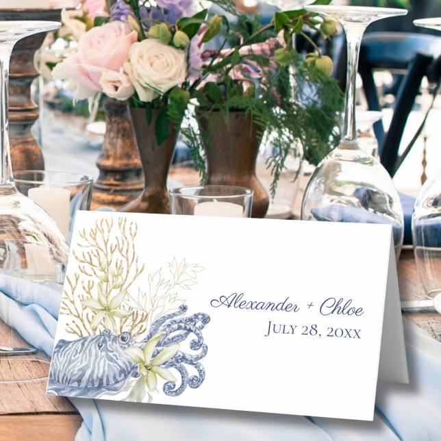 Placement Carte de table pliée Shell Coastal Blue & Gold (Shell Coastal Blue & Gold Folded Place Card)