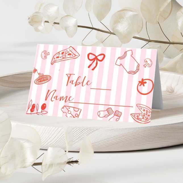 Placement Carte de table pour baby shower pizza dessinée à l (Red and Pink Hand Drawn Pizza Place card)