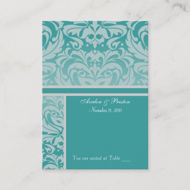 Placement Carte de visite de la plaque Argent et Aqua Damask (Devant)